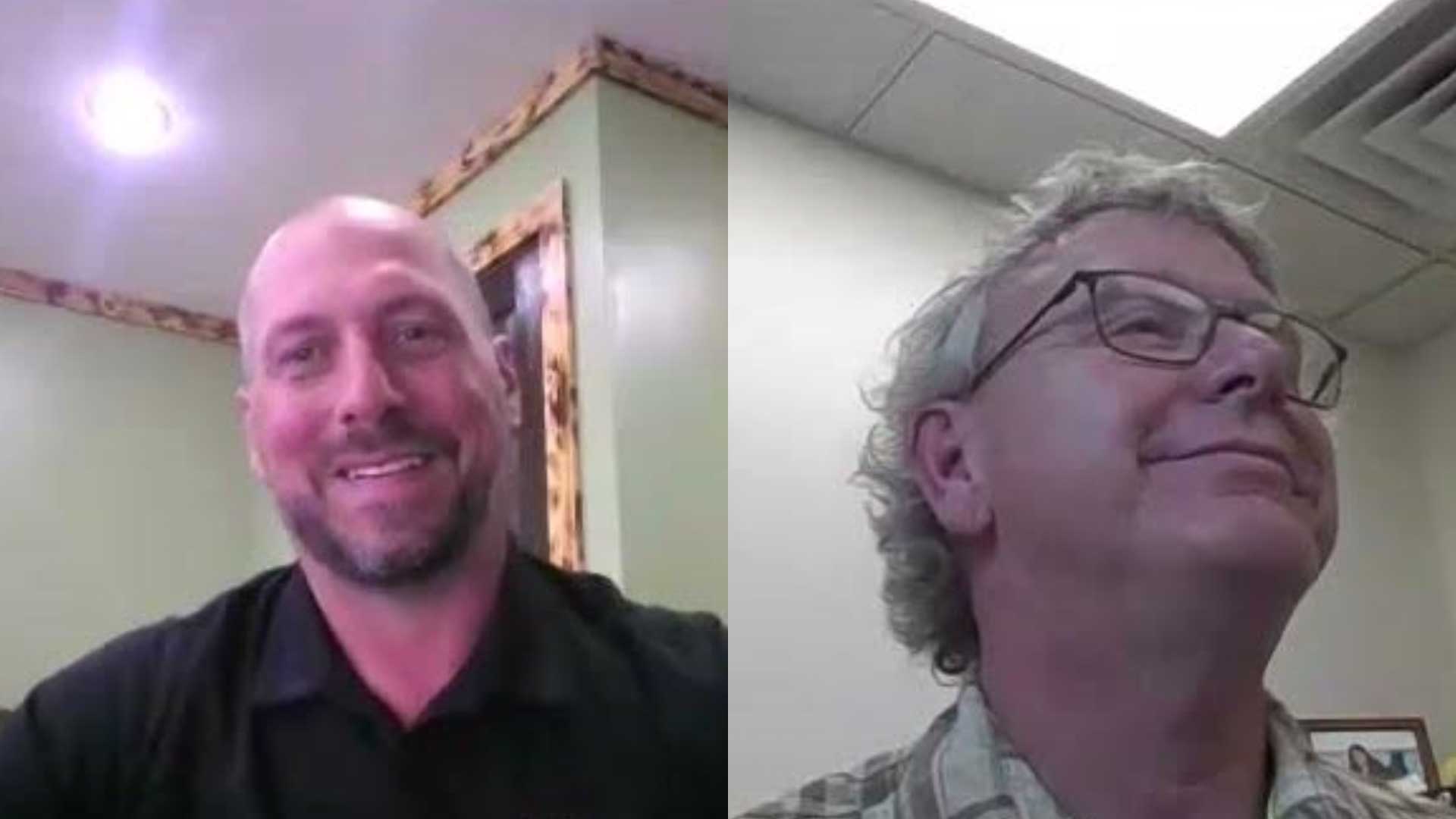Aaron Marshall (left) interviews Todd Anderla (right)
