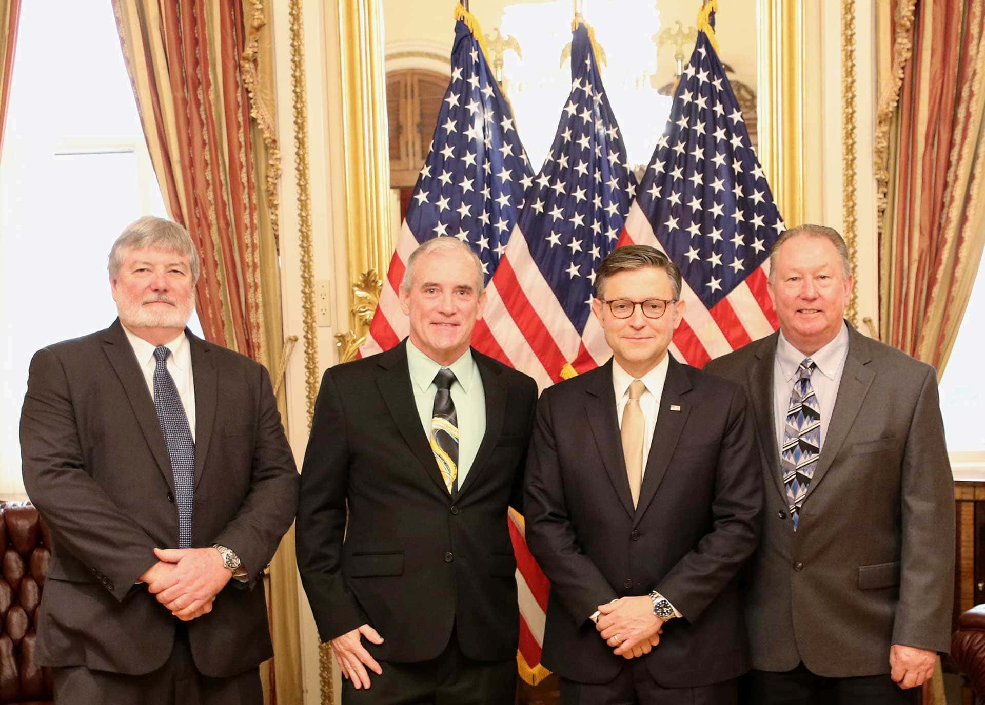 STI/SPFA members Bill New, New Industries; Mark Mooney, NBBI (left); and Michael Pischke, NBBI (right) meet with Speaker Mike Johnson (LA-4)