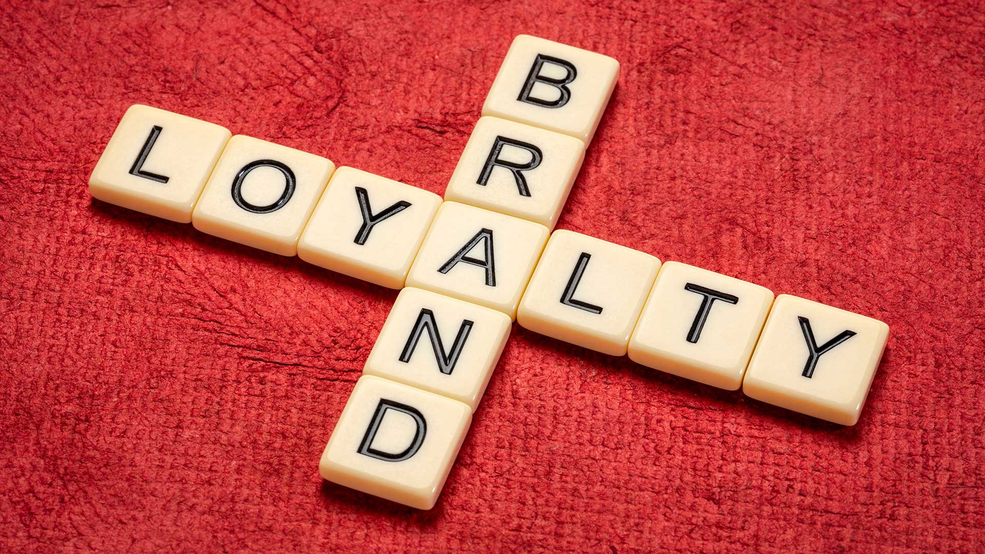 Letter blocks forming the words brand loyalty on a red background.