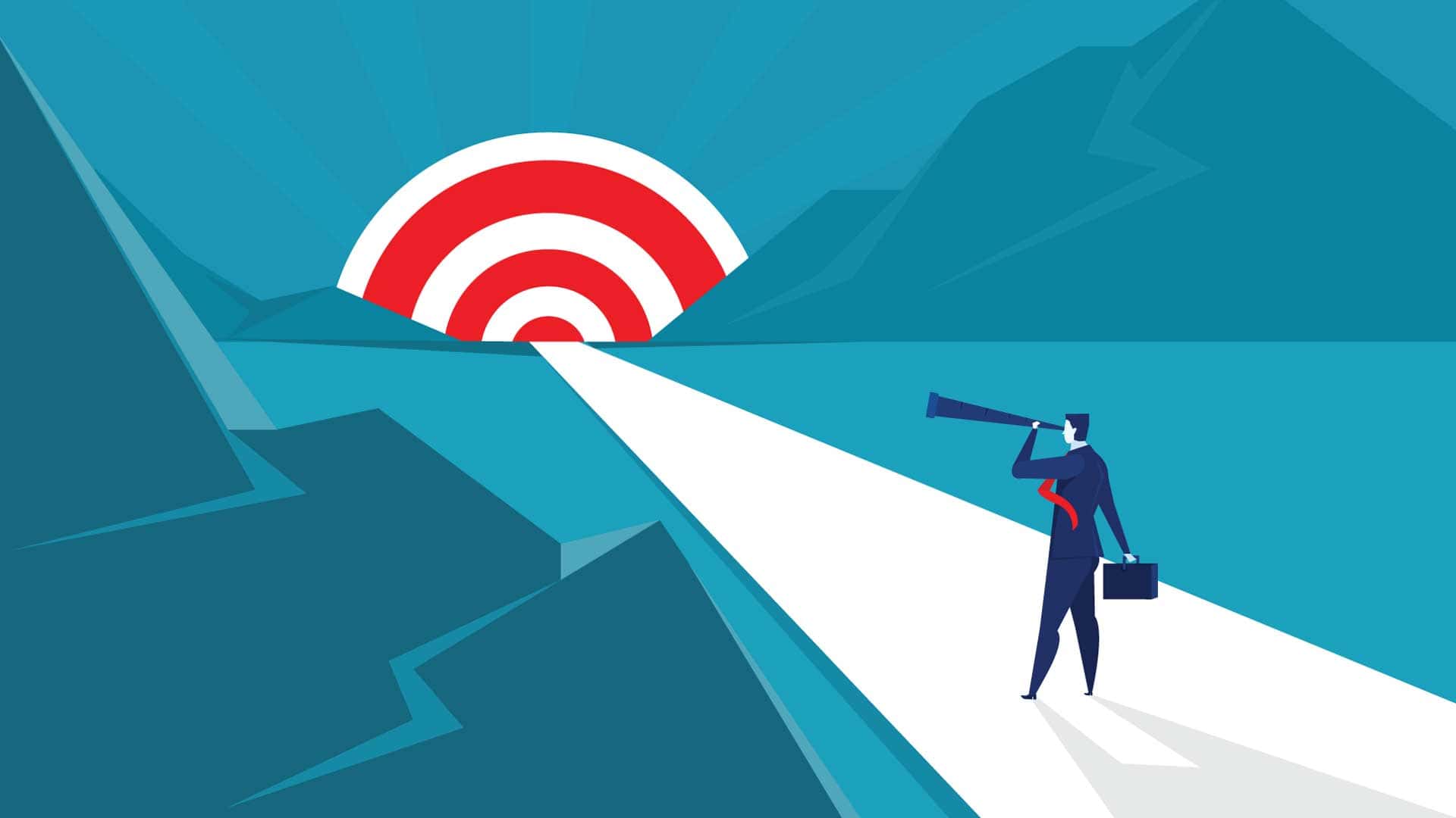Illustration of a person with a telescope walking toward a target symbol on the horizon.