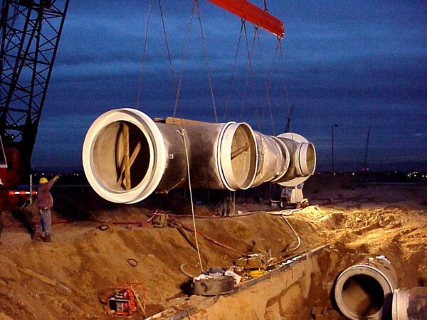 Large diameter header being installed at night