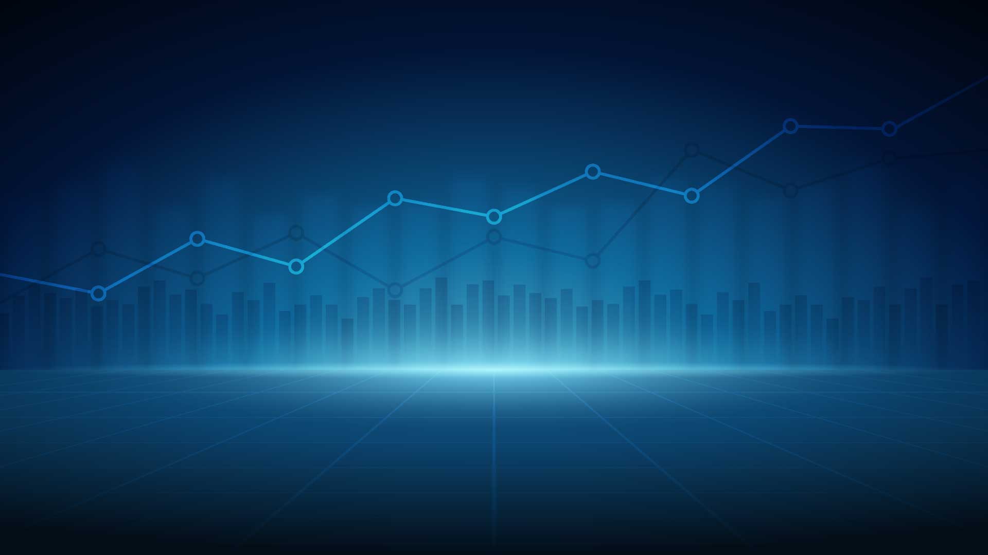 Blue digital bar chart with an upward-trending line graph representing growth.