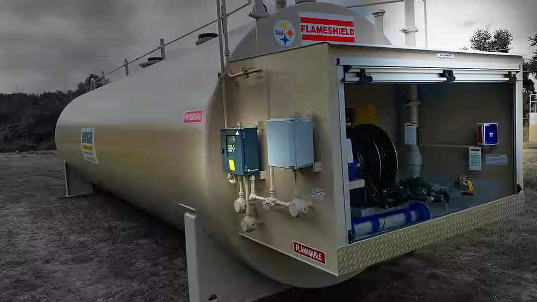 FLAMESHIELD® aboveground steel fuel storage tank with integrated pump and equipment cabinet.