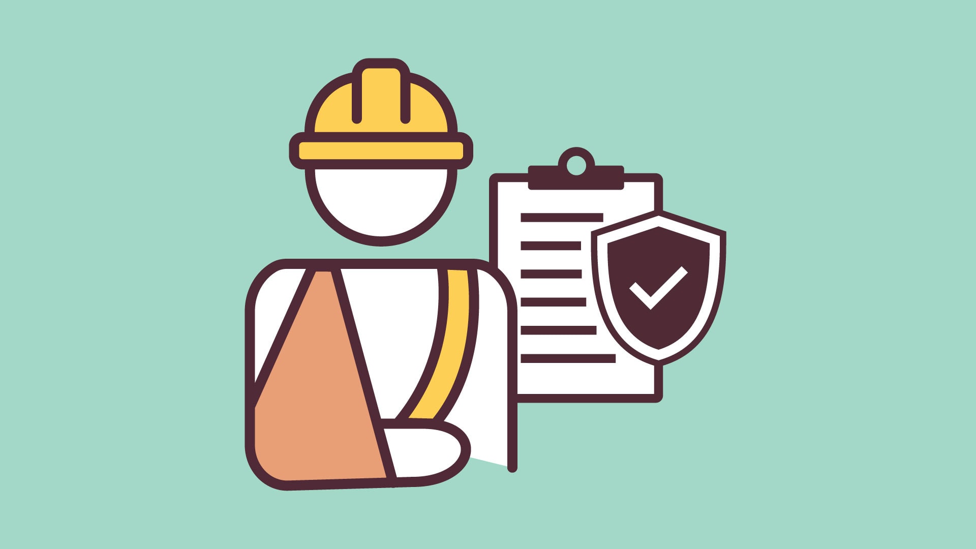 Illustration of injured construction worker with arm sling, safety checklist, and shield icon representing workers compensation and protection.