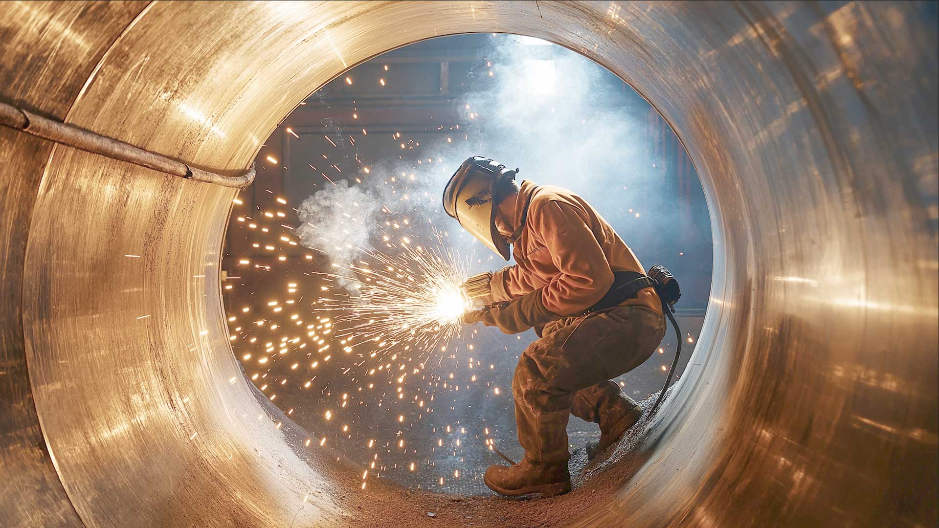 Worker wearing protective equipment welding inside a large steel tank shell.