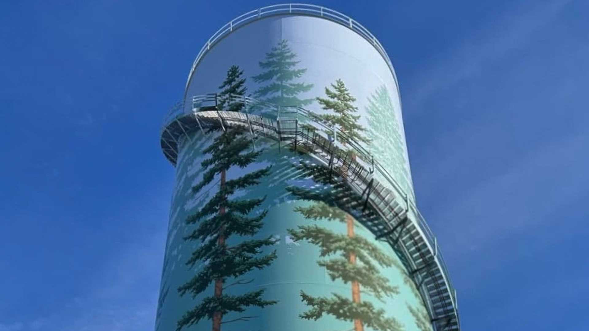Southeast Reservoir standpipe in Yelm, Washington, with a custom tree mural coating.